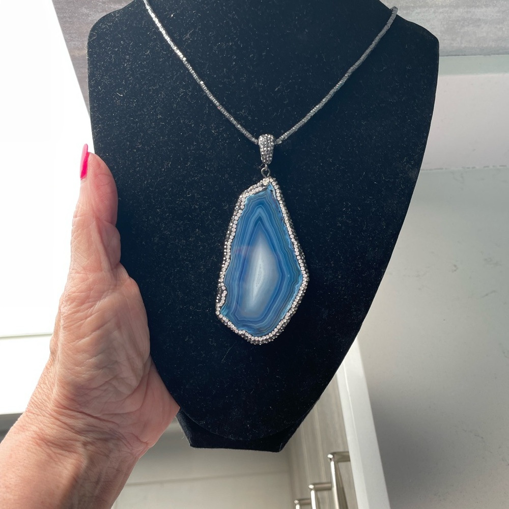 Silver Blue Slice Agate Necklace with Delicate Chain